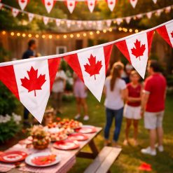 Canada flag bunting banner with red and white maple leaf flags hanging outdoors at a Canada Day party