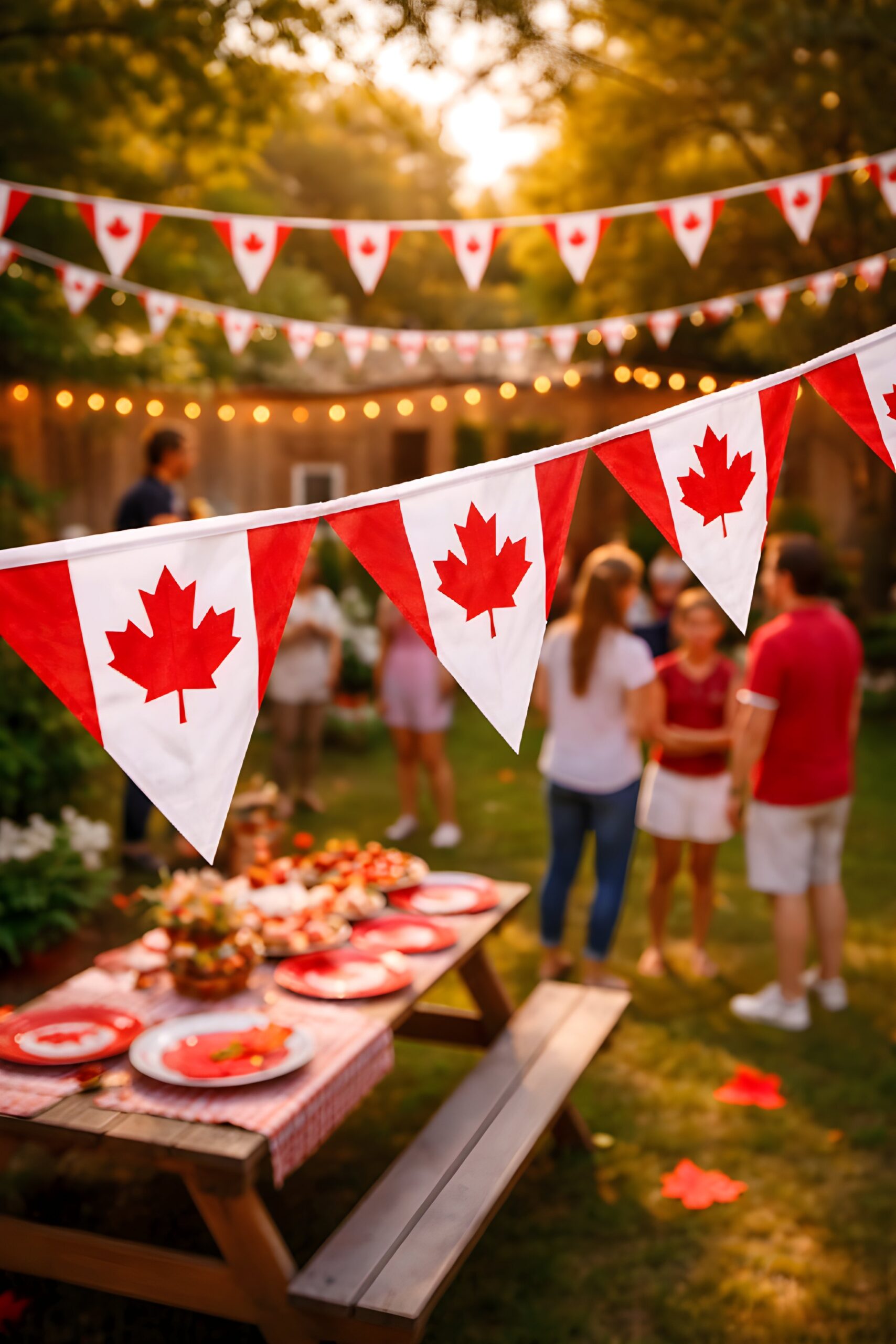 Canada flag bunting banner with red and white maple leaf flags hanging outdoors at a Canada Day party